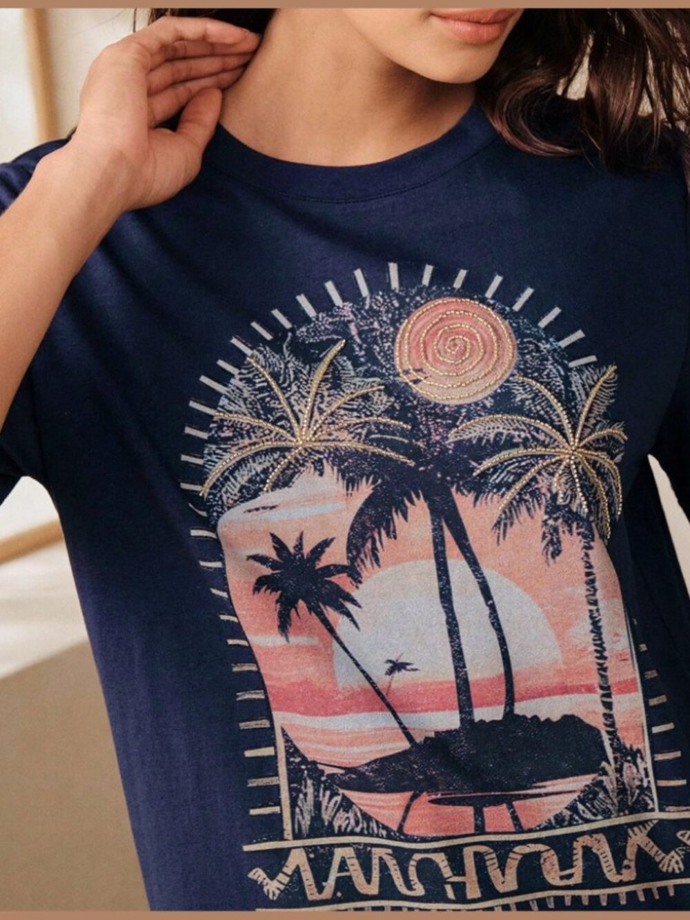 Navy Tropical Sunset Graphic T-Shirt